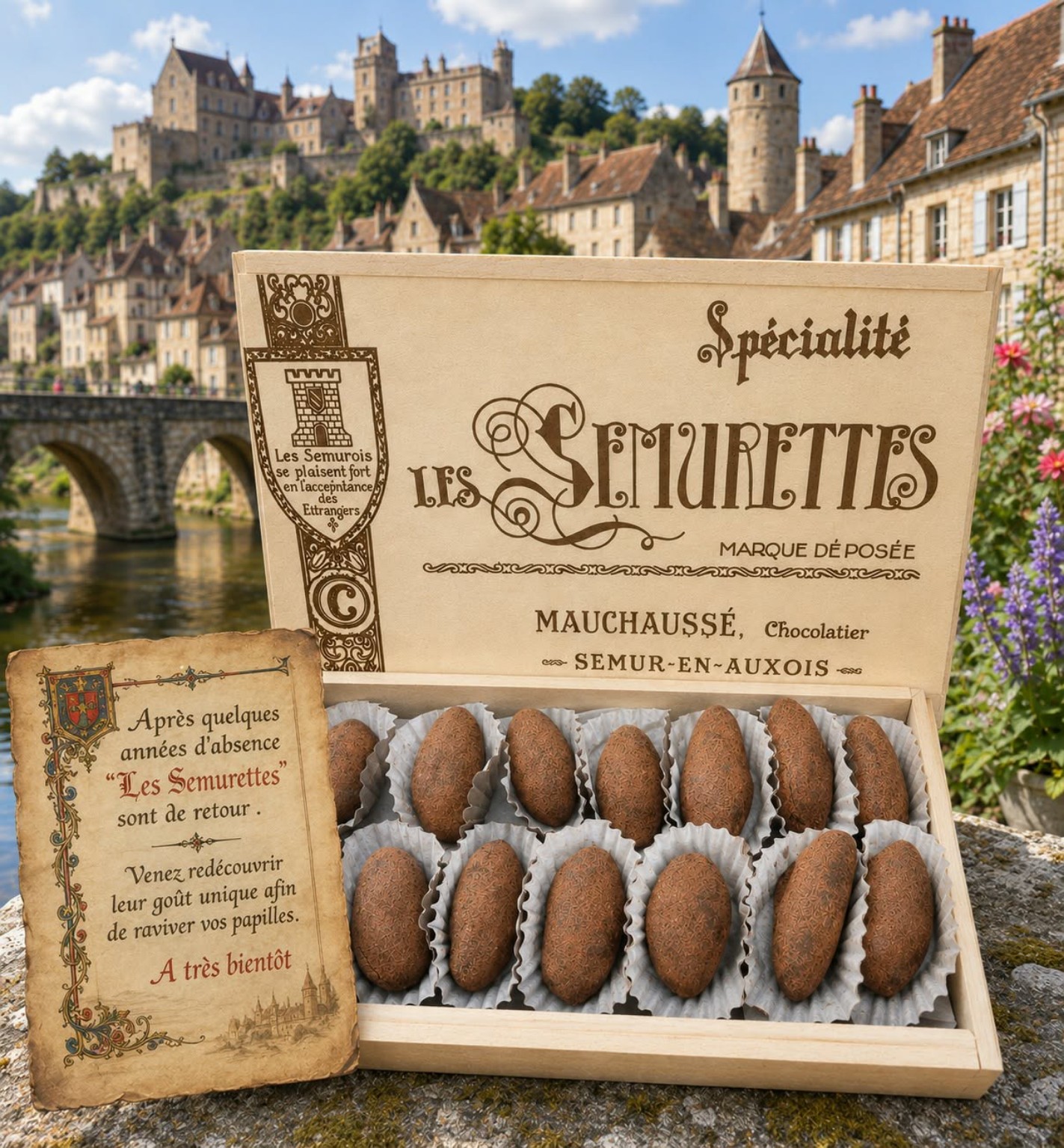 Coffret de Semurettes devant la cité médiévale de Semur-en-Auxois